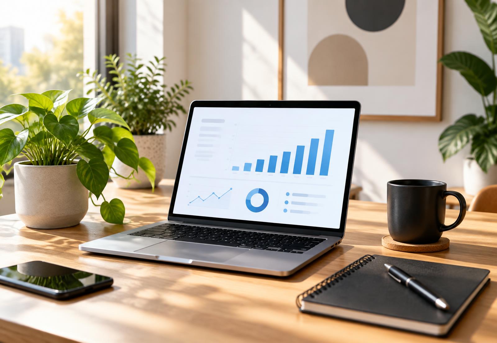 A laptop on a bright desk showing a growth dashboard with rising blue charts